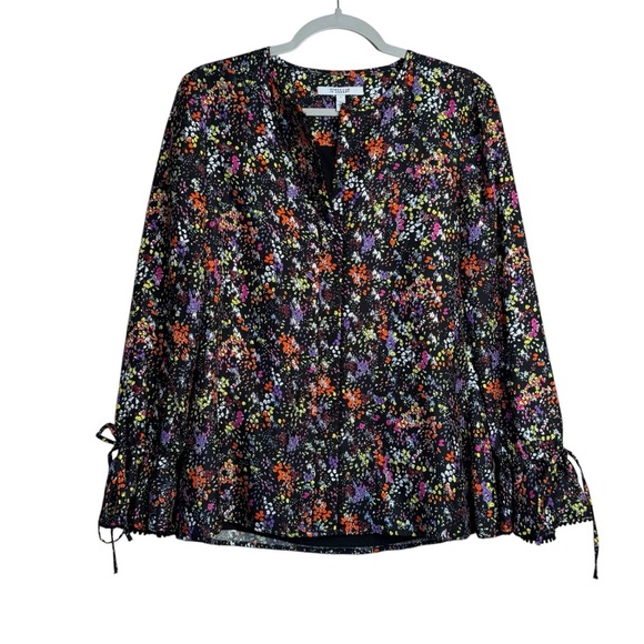 Derek Lam 10 Crosby Black Floral Print Silk Blend Metallic Bell Sleeve Blouse 2 - Picture 1 of 12